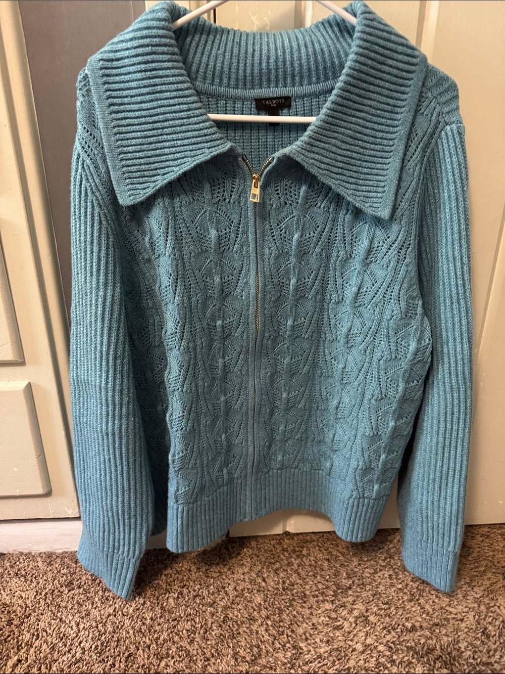 Talbots Women’s Teal Zip-Up Cable Knit Sweater